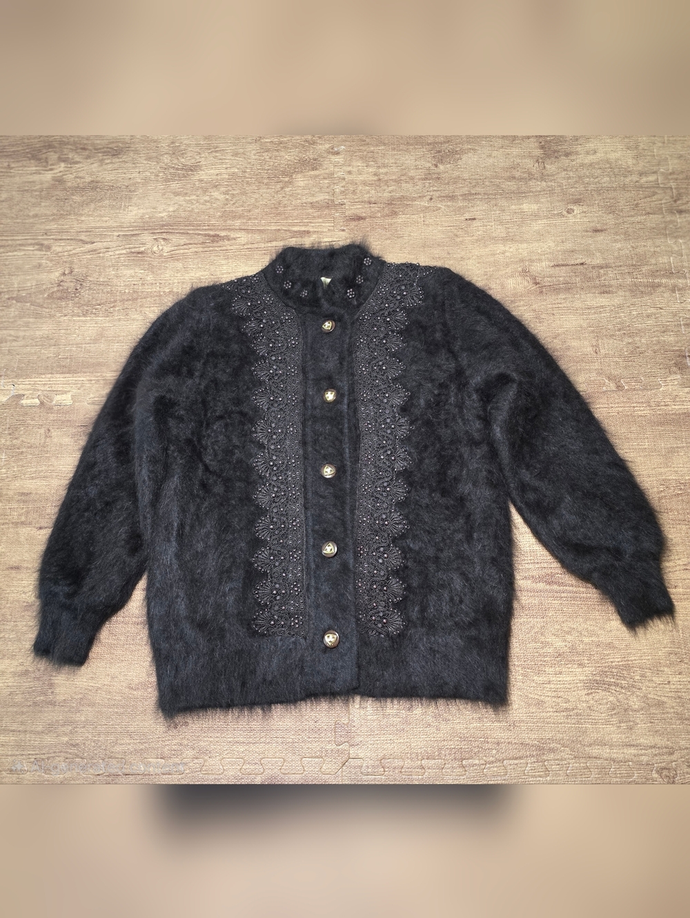 Vtg Black Beaded Women's Angora Fuzzy Button Cardigan Jacket Embroidered 28x23